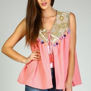 NWT Coral GeoYoke Sleeveless Tie-Front Tassle Vest